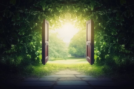 An open door on a green meadow showing another worldの素材