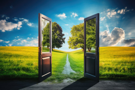 An open door on a green meadow showing another worldの素材
