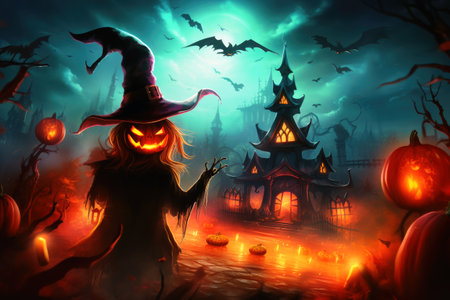 Beautiful and spooky halloween scene with gloomy lightsの素材