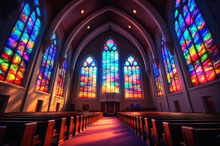 Inside a huge church with colorful stained glassの素材