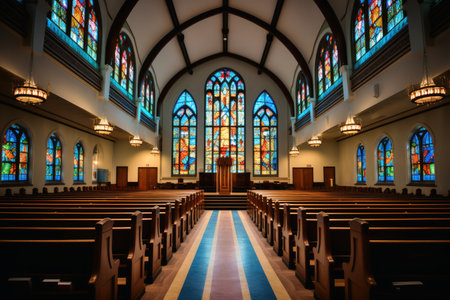 Inside a huge church with colorful stained glassの素材