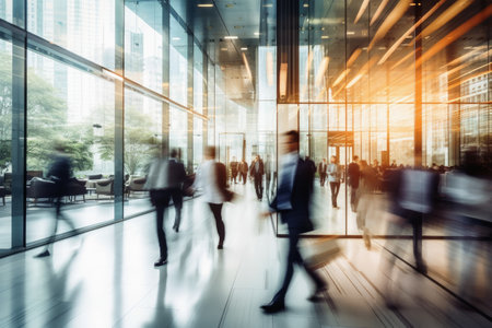 Motion blur of people walking in a modern officeの素材
