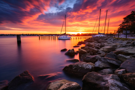 Sunset on the water of a quiet marina looking at the sea long time exposureの素材