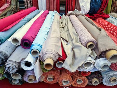 Close up view on samples of cloth and fabrics in different colorsの写真素材