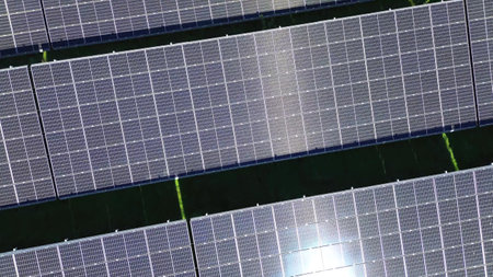 Aerial view of a large solar park for alternative energy production