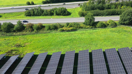 Aerial view of a large solar park for alternative energy production