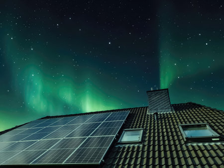 Solar panels producing clean energy on a roof of a residential houseの写真素材
