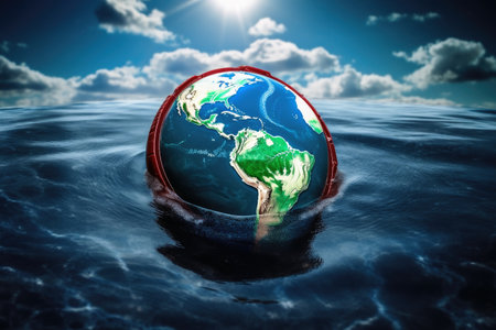 A life buoy saving planet earth from drowning by climate changeの素材