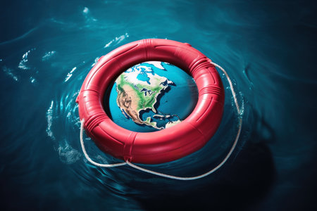 A life buoy saving planet earth from drowning by climate changeの素材