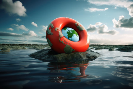 A life buoy saving planet earth from drowning by climate changeの素材