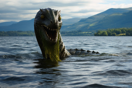 A primeval monster looks out of a lakeの素材