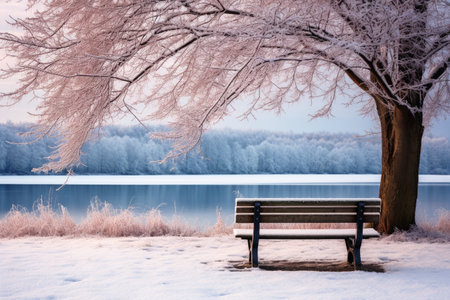 A lonely bench in a calm winter landscapeの素材