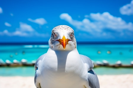 A seagull close up in the blue sky at the beachの素材