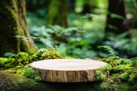 A wooden podium in green environment for presenting productsの素材