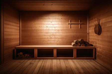 An empty wooden sauna in warm tonesの素材