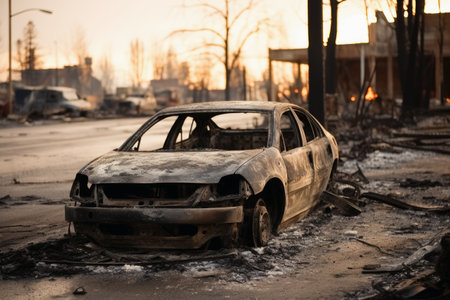 Completely burned out cars after natural disasterの素材