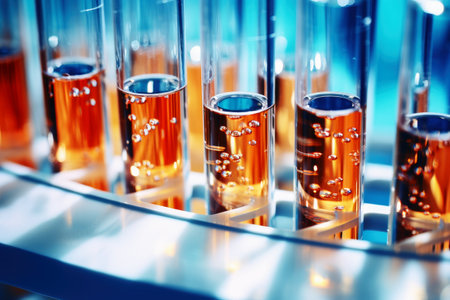 Close-up view of test tubes with test samplesの素材