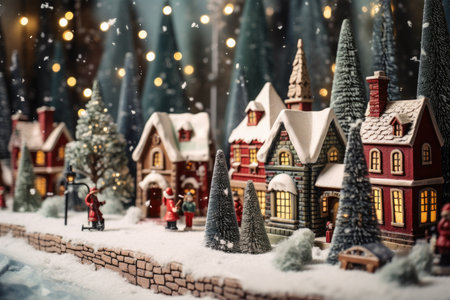 Low angle view of a vintage look christmas village on holiday with snow fallingの素材