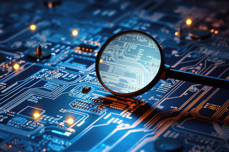 View with a magnifying glass on a modern circuit boardの素材