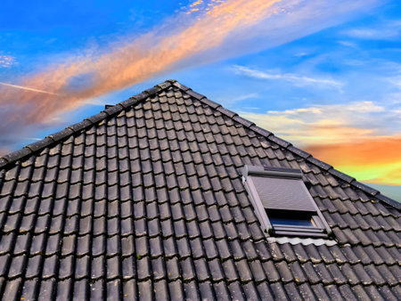 Open roof window in velux style with black roof tiles