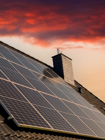 Solar panels producing clean energy on a roof of a residential house