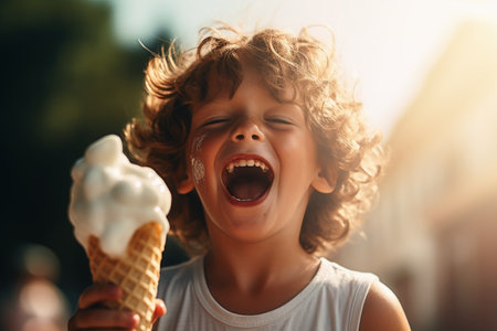 A happy kid eating ice cream melting in the sunの素材