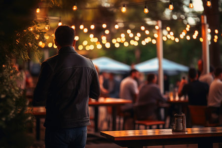 An outdoor bar and restaurant with peopleの素材