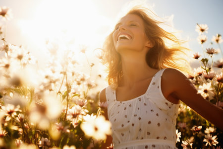 A young woman runs carefree over a beautiful flower meadow in sunshineの素材