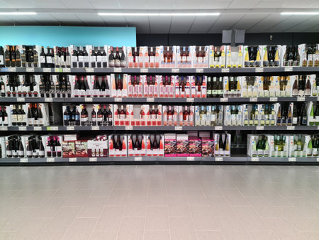 Kiel, Germany - 27. September 2023: View along a large supermarket shelf with many products in a German supermarketのeditorial素材