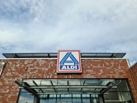 Kiel, Germany - 27. September 2023: Entrance of a german Aldi supermarketのeditorial素材