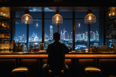 A beautiful bar in dark light with a stunning viewの素材