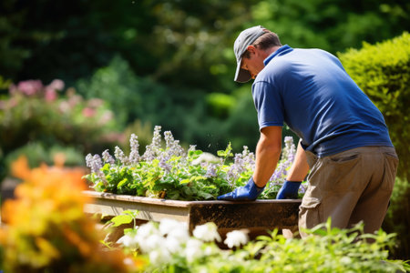 A gardener at work with plants and flowersの素材