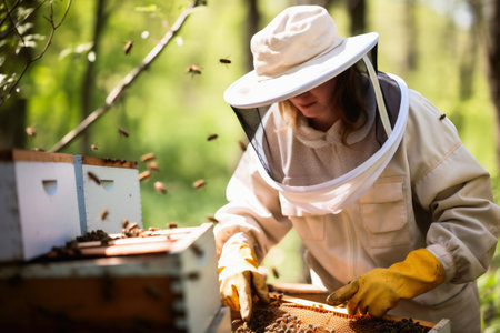 A beekeeper at work with bees and honeyの素材