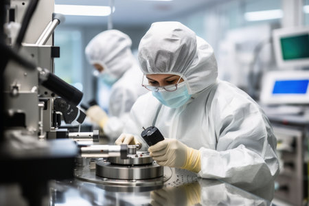 A scientist works in a clean room wearing a full body suitの素材