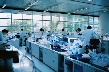 A high tech laboratory with scientists conducting experiments and researchの素材