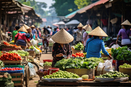 A bustling market with vendors selling fresh produce and local goodsの素材