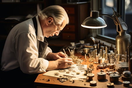 A watchmaker at work at his deskの素材