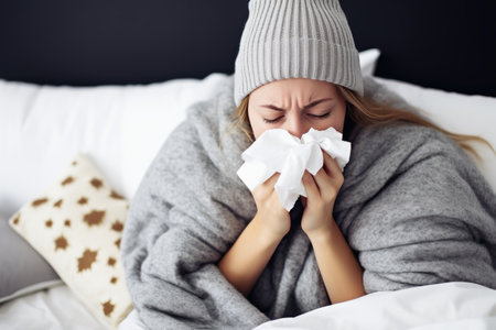 A woman with a flu lying in bedの素材