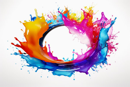 A circle of liquid paint splashing in curved high speed on a white backgroundの素材