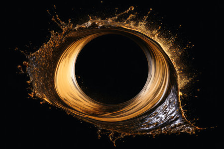 A circle of liquid paint splashing in curved high speed on a black backgroundの素材