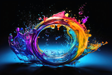 A circle of liquid paint splashing in curved high speed on a black backgroundの素材