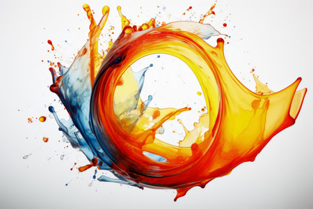 A circle of liquid paint splashing in curved high speed on a white backgroundの素材