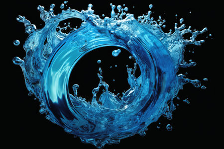 A circle of liquid paint splashing in curved high speed on a black backgroundの素材