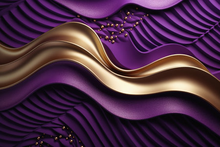 A wavy 3D fabric background with gold and purple floral applicationsの素材