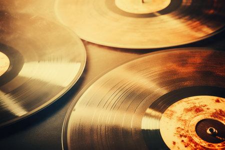 Vintage music background with vinyl recordsの素材