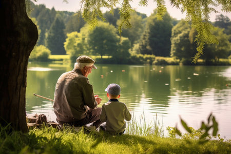 A grandparent teaching a grandchild to fish by the tranquil lakeの素材