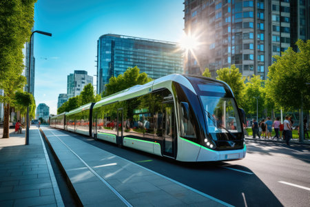 A bustling city with electric buses and trams promoting urban sustainabilityの素材
