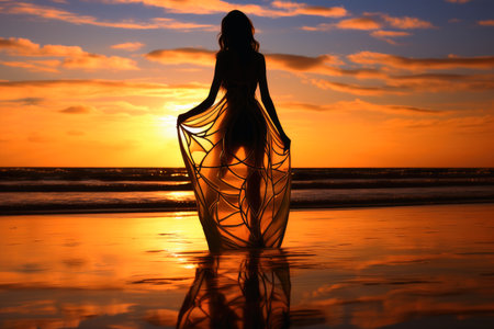 Stained glass of a sensual attractive young woman at a sunset beachの素材