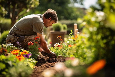 A gardener at work with plants and flowersの素材