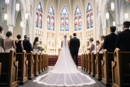 A bride and groom at the altar of a church during the wedding ceremonyの素材